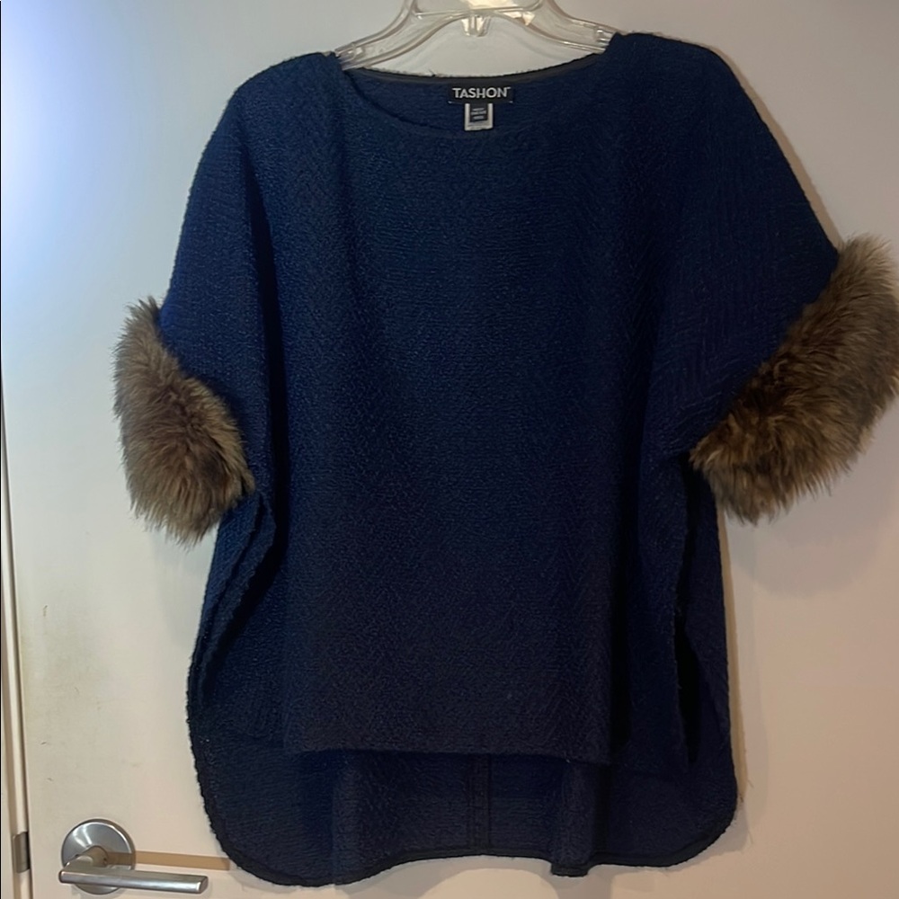Blue and Brown Cape with Luxurious Fur Trim